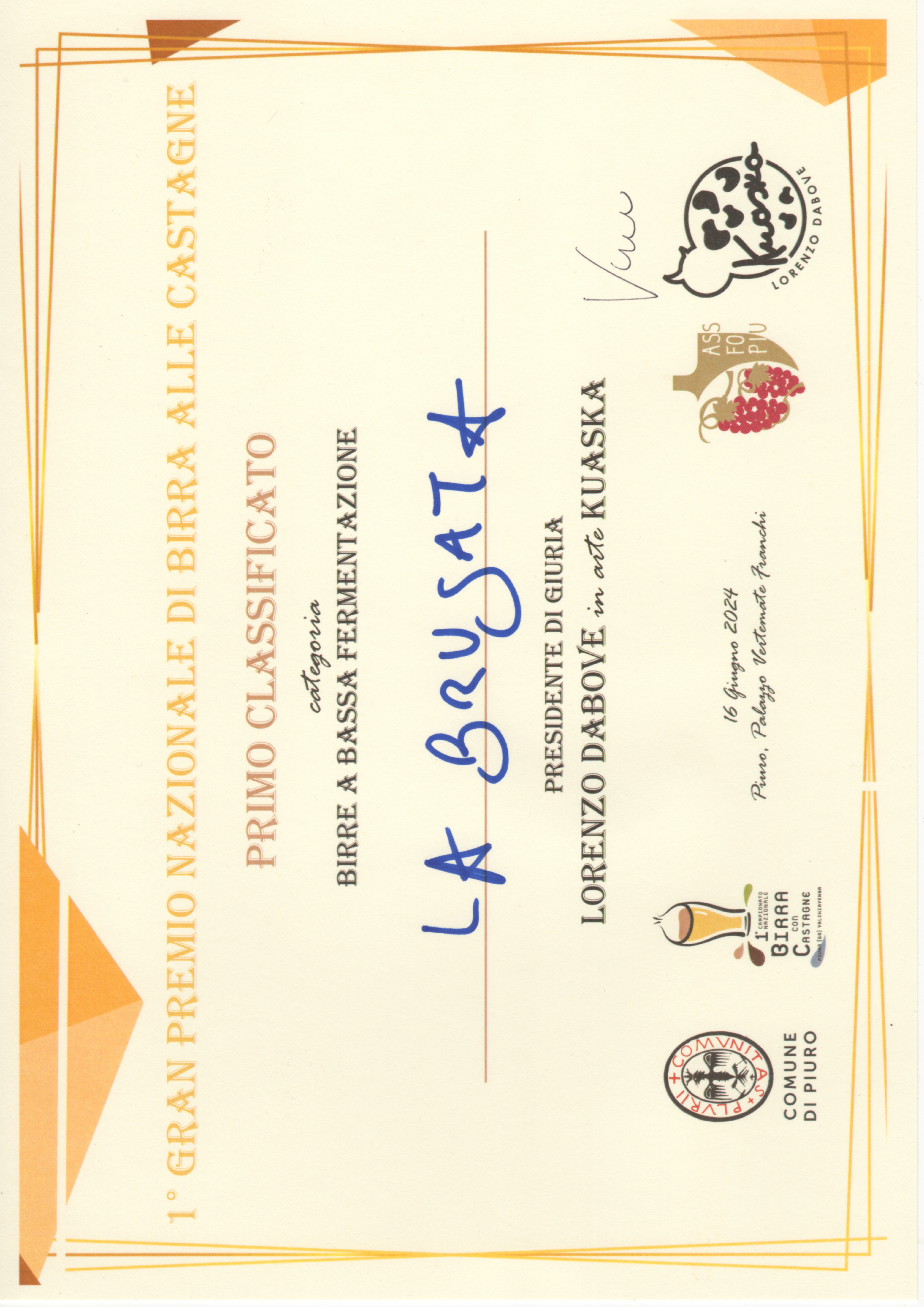 I° Gran Premio birre alla castagna<br />
1° Classificato - LA BRUSATA'